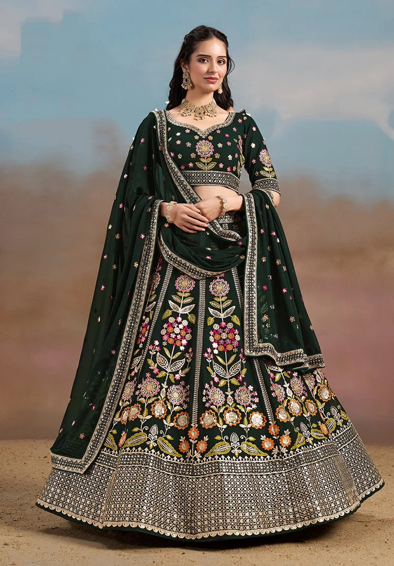 Teal Green Georgette Embroidered Lehenga Choli with Floral Panels, front