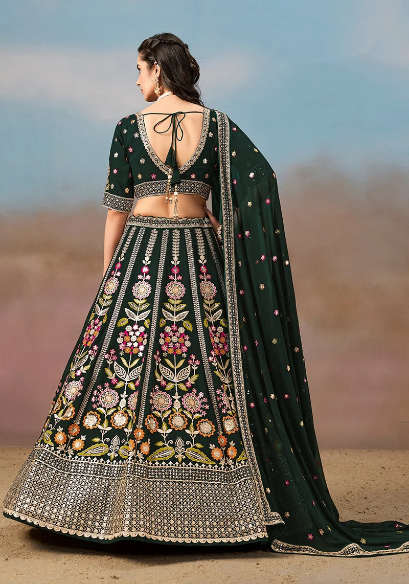 Teal Green Georgette Embroidered Lehenga Choli with Floral Panels, back