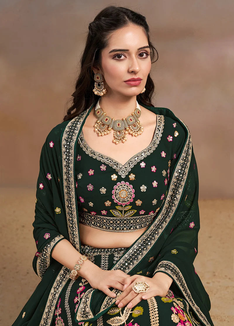 Teal Green Georgette Embroidered Lehenga Choli with Floral Panels, choli close-up