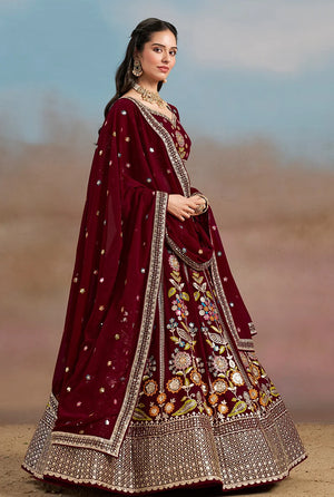 Maroon Georgette Embroidered Lehenga Choli with Floral Panels