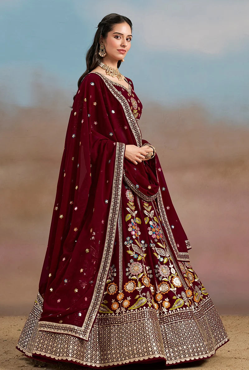 Maroon Georgette Embroidered Lehenga Choli with Floral Panels, side