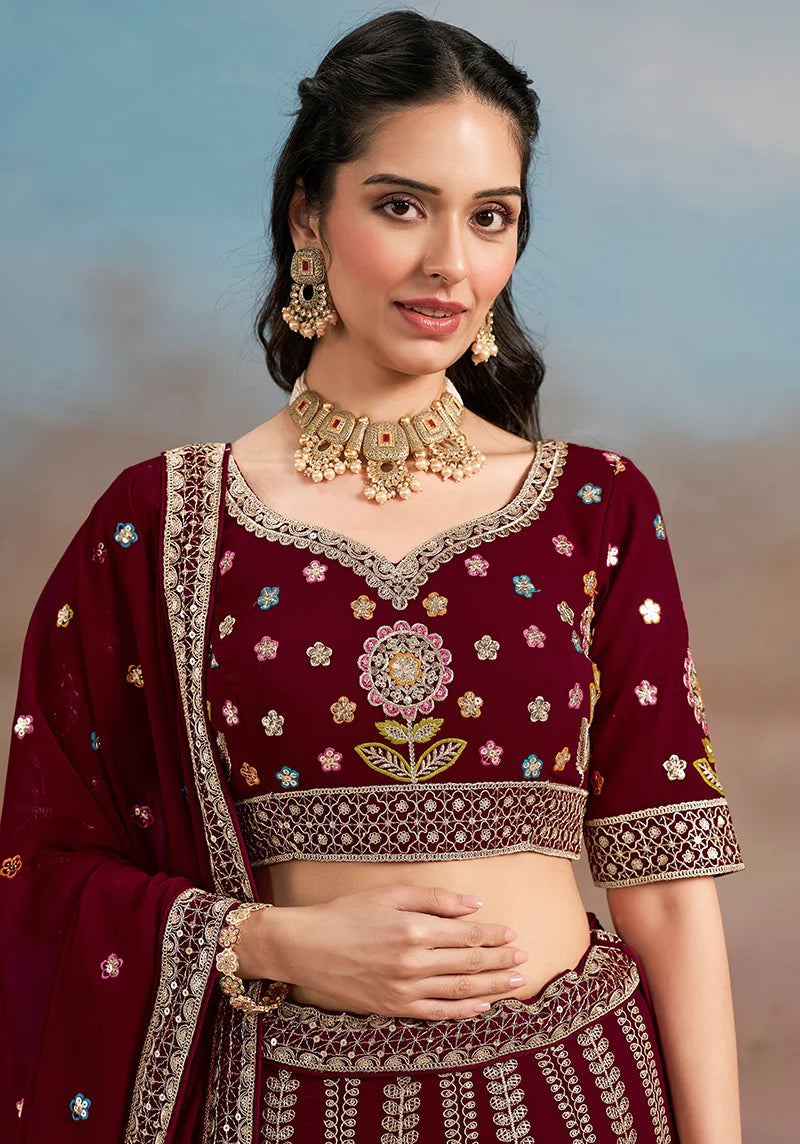 Maroon Georgette Embroidered Lehenga Choli with Floral Panels, choli close-up