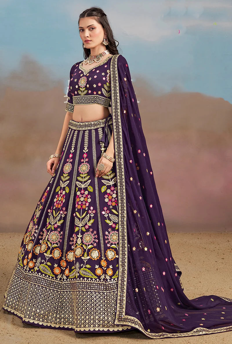 Purple Georgette Embroidered Lehenga Choli with Floral Panels, side