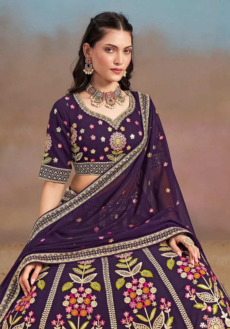 Purple Georgette Embroidered Lehenga Choli with Floral Panels, choli close-up