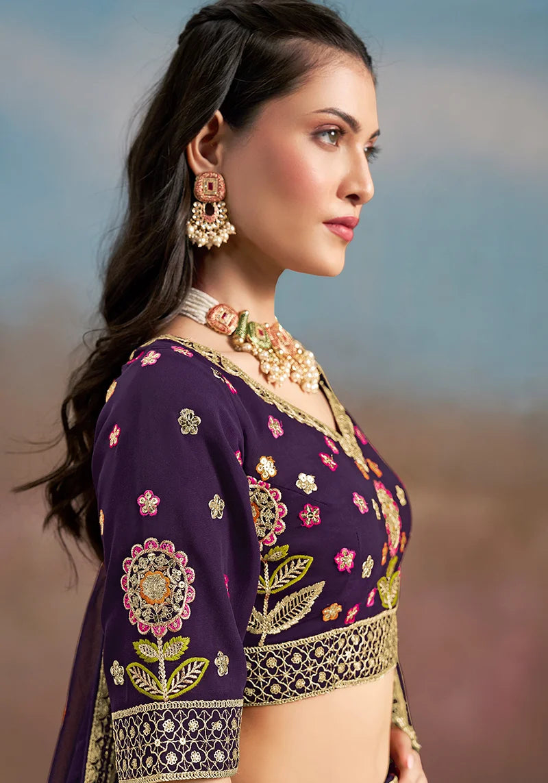 Purple Georgette Embroidered Lehenga Choli with Floral Panels, choli close-up, view 2