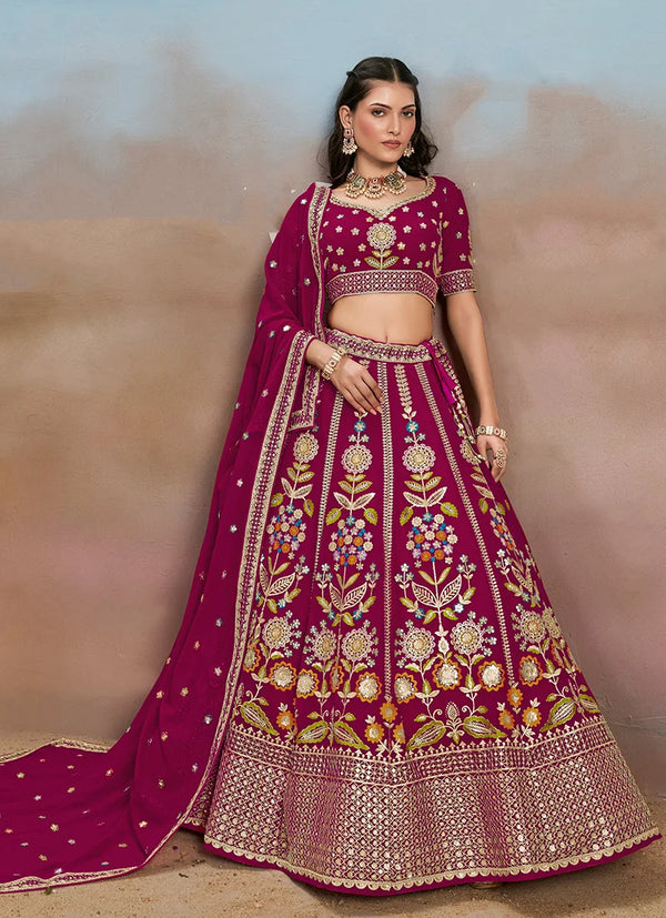Rani Pink Georgette Embroidered Lehenga Choli with Floral Panels, front