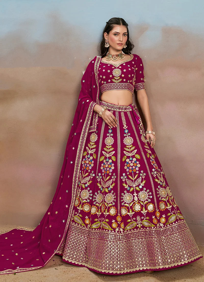 Rani Pink Georgette Embroidered Lehenga Choli with Floral Panels, front