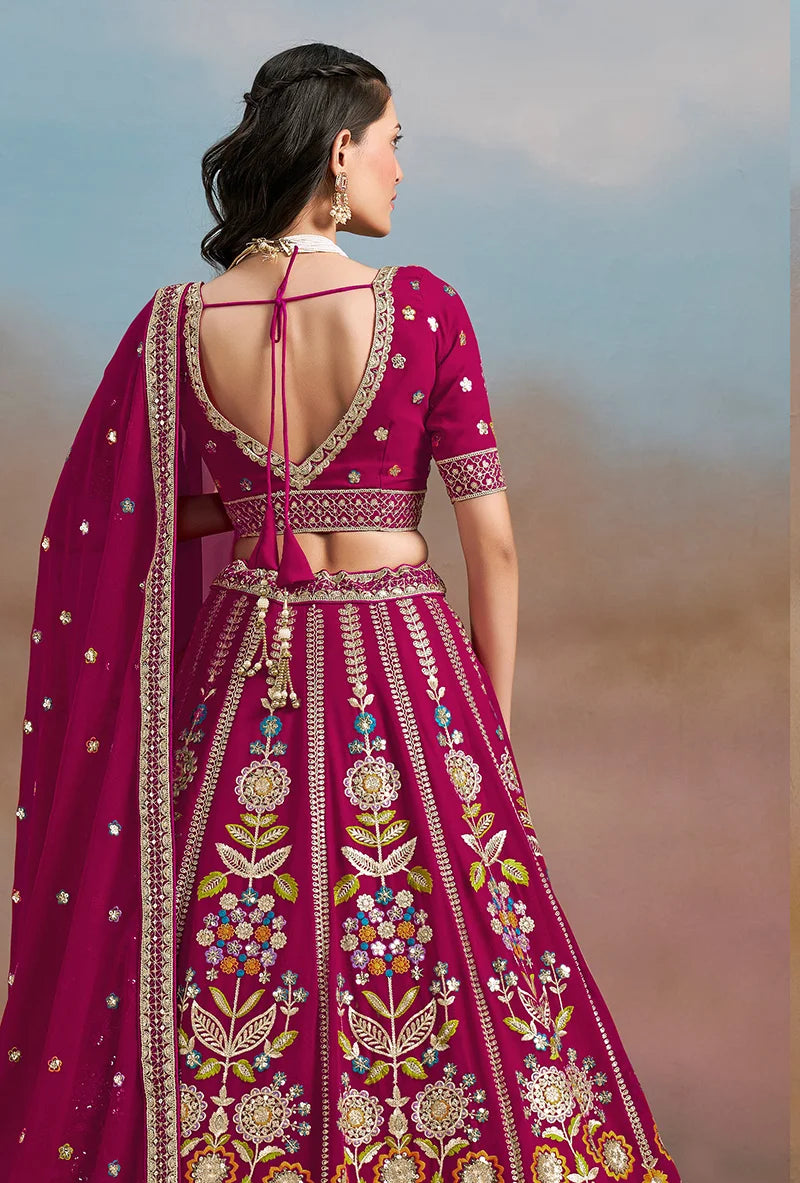 Rani Pink Georgette Embroidered Lehenga Choli with Floral Panels, back