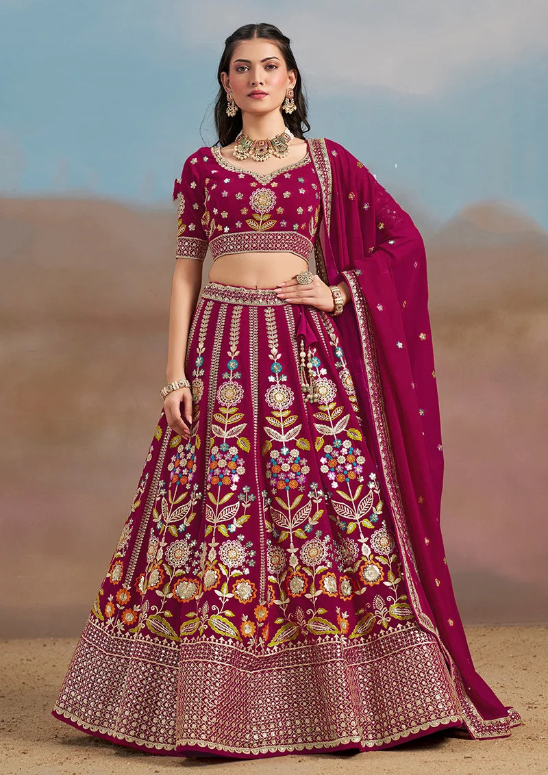 Rani Pink Georgette Embroidered Lehenga Choli with Floral Panels, styled on model