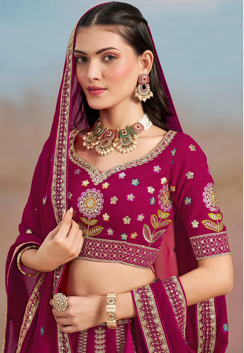 Rani Pink Georgette Embroidered Lehenga Choli with Floral Panels, choli close-up