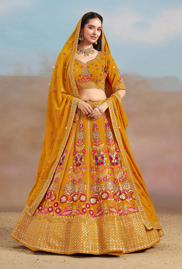 Mustard Georgette Embroidered Lehenga Choli with Floral Panels, front