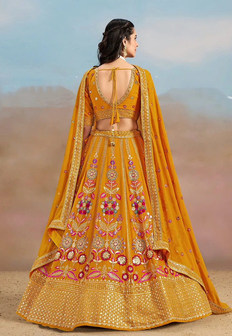 Mustard Georgette Embroidered Lehenga Choli with Floral Panels, back