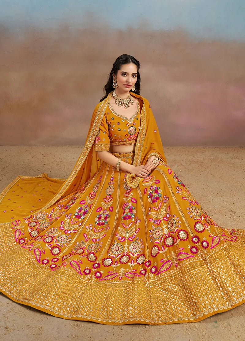 Mustard Georgette Embroidered Lehenga Choli with Floral Panels, styled on model