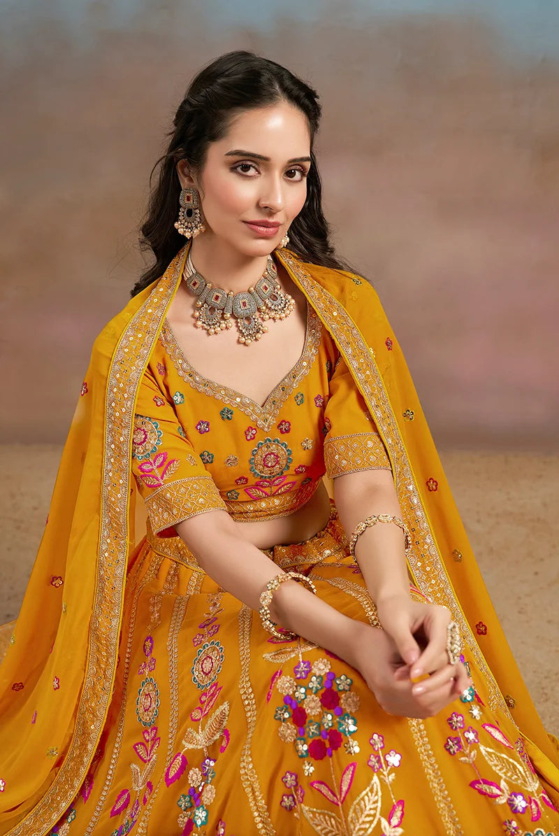 Mustard Georgette Embroidered Lehenga Choli with Floral Panels, choli close-up