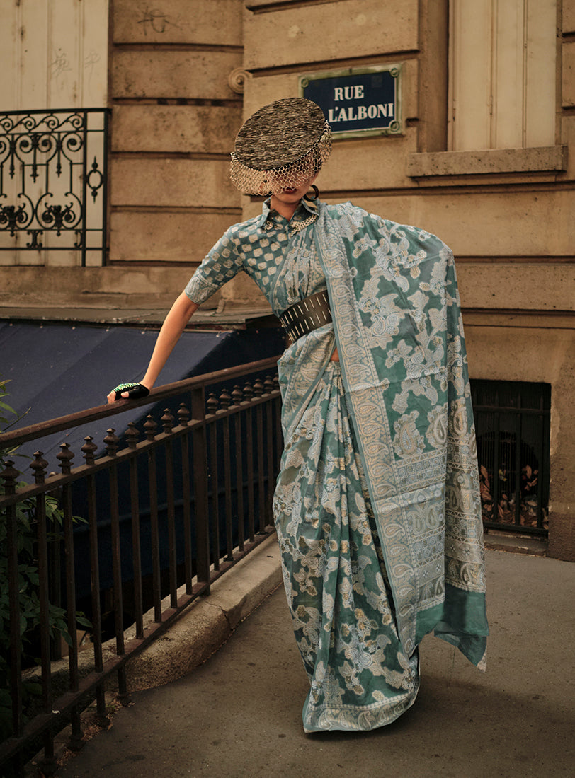 Dusty Green Lucknowi Organza Woven Silk Contemporary Saree