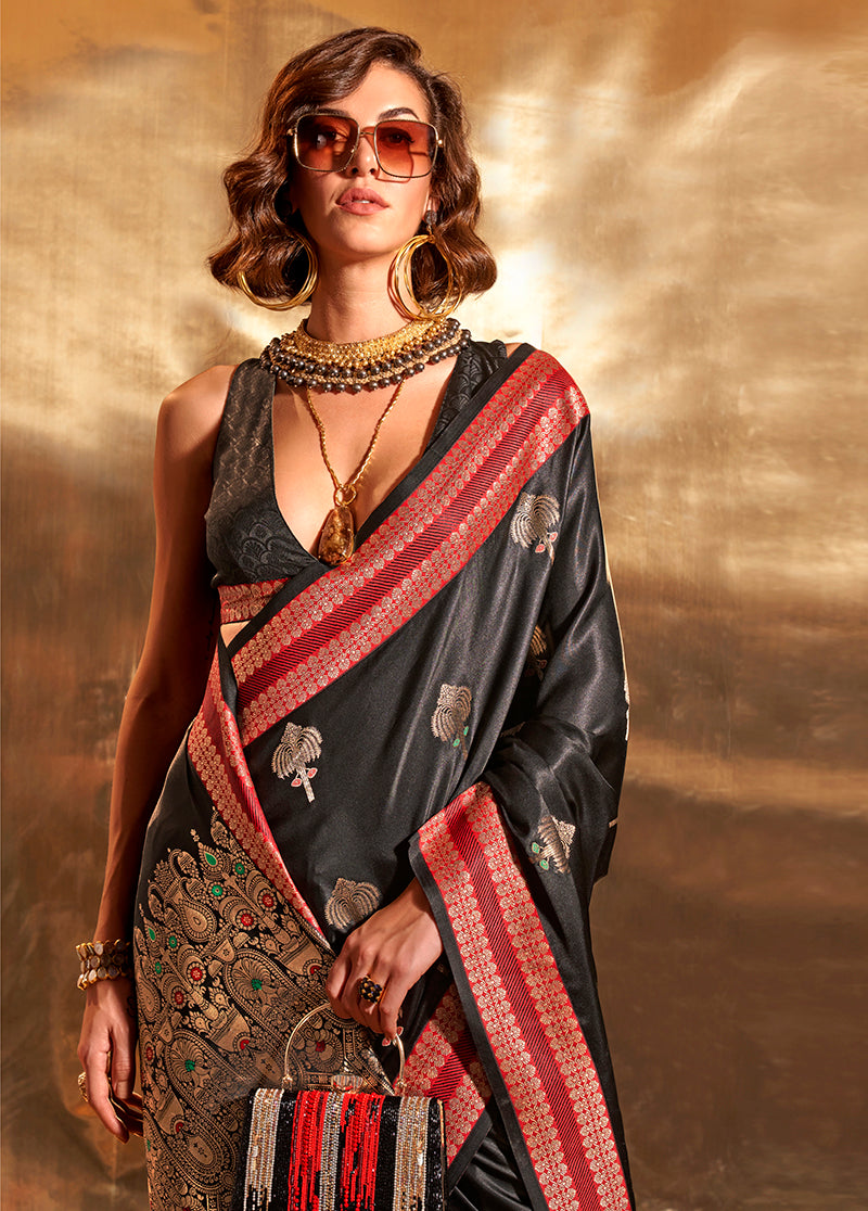 Black Banarasi Satin Silk Zari Woven Designer Saree