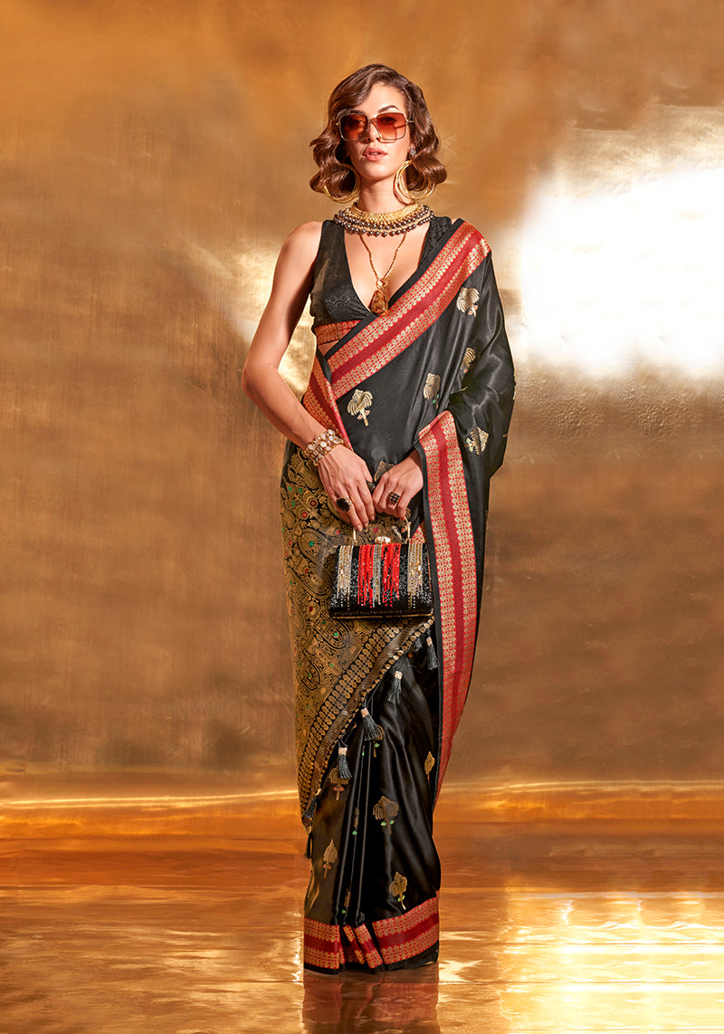Black Banarasi Satin Silk Zari Woven Designer Saree
