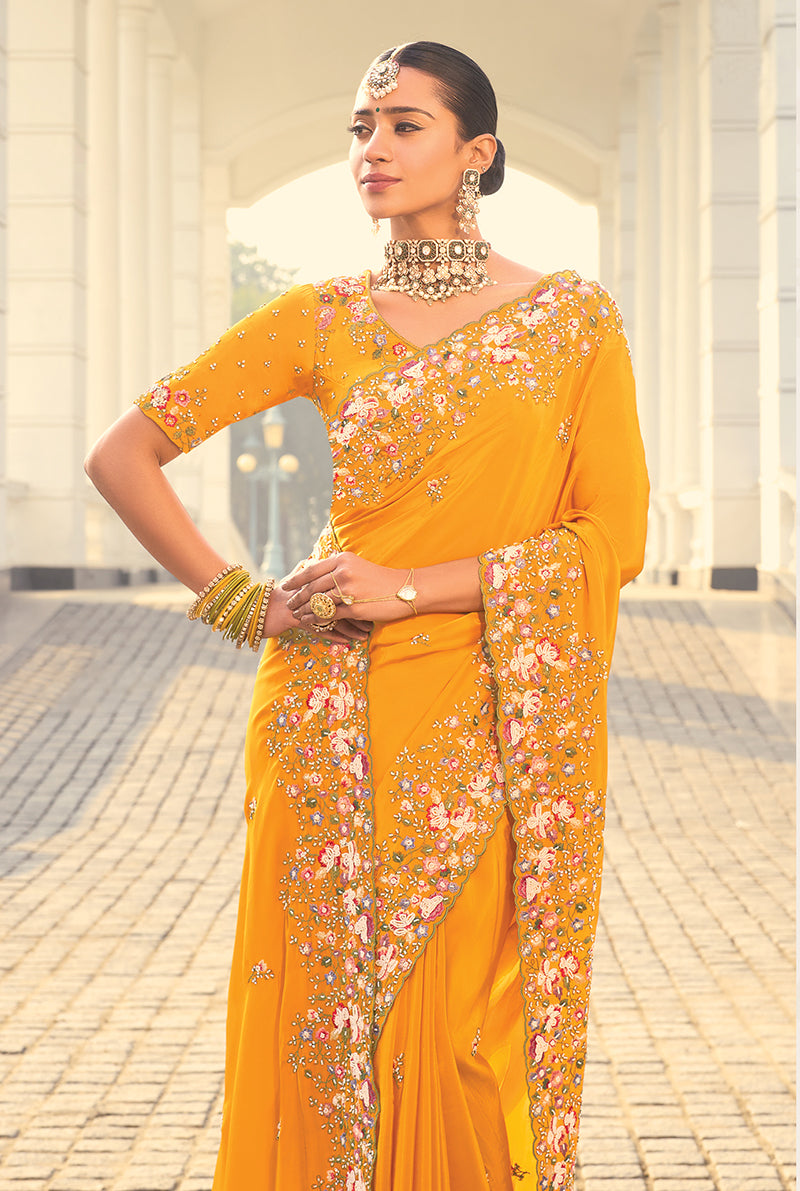 Amber Crepe Jacquard Silk Zari Weaving Thread Work Saree