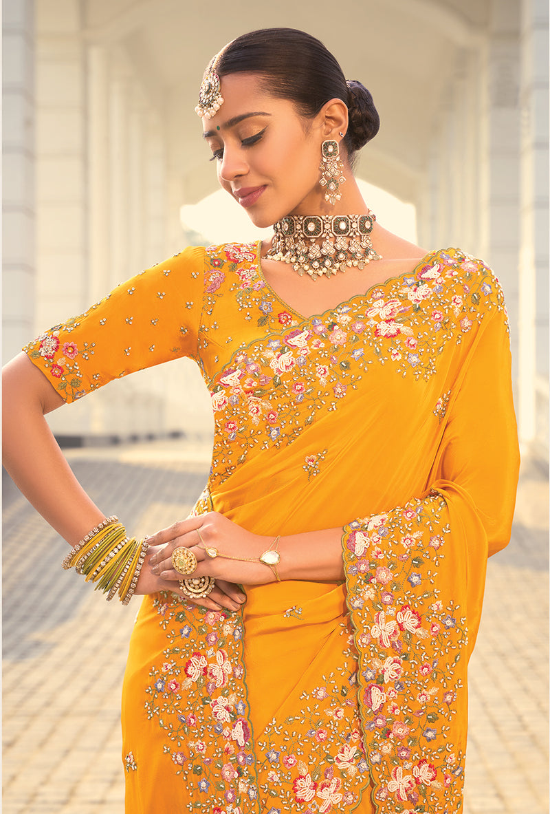 Amber Crepe Jacquard Silk Zari Weaving Thread Work Saree