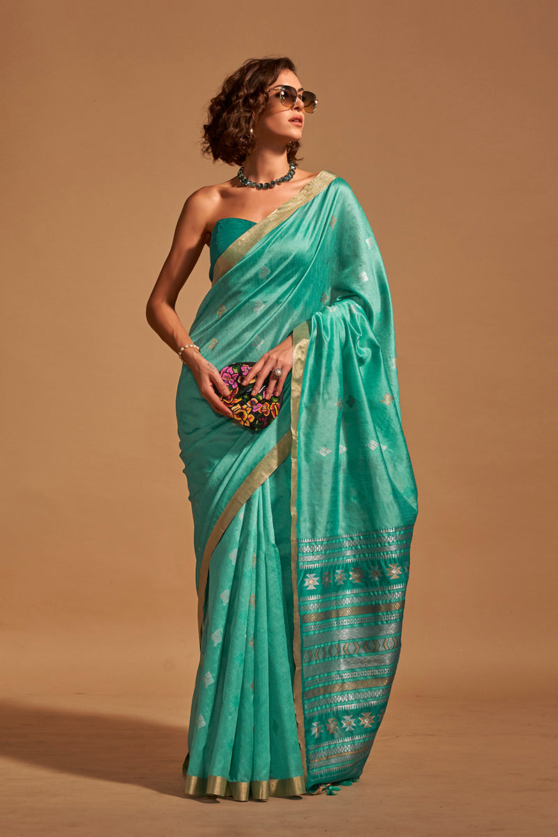 Aqua Blue Handloom Silk Zari Weaving Classic Saree