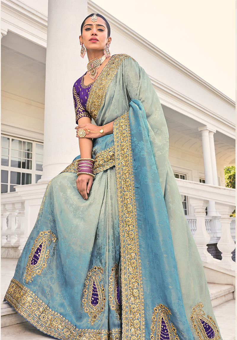 Aqua Blue Crepe Jacquard Silk Zari Weaving Thread Work Saree