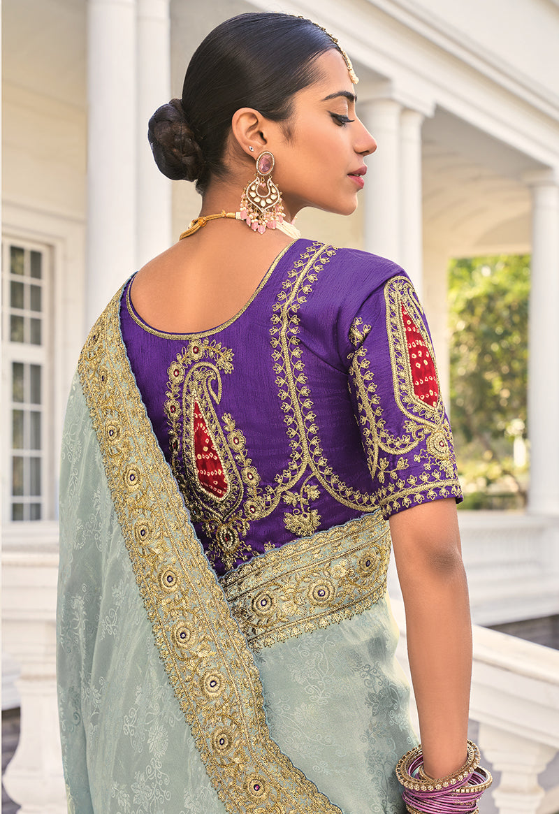 Aqua Blue Crepe Jacquard Silk Zari Weaving Thread Work Saree