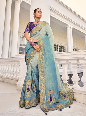 Aqua Blue Crepe Jacquard Silk Zari Weaving Thread Work Saree