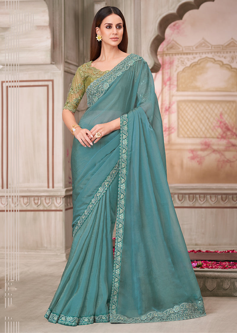 Aqua Blue Silk Georgette Embroidered Saree