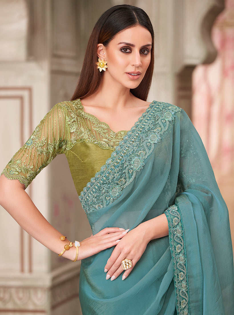 Aqua Blue Silk Georgette Embroidered Saree