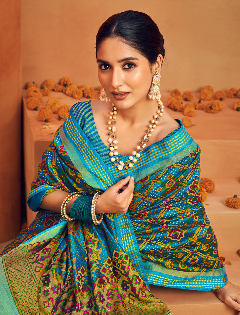 Aqua Blue Georgette Printed Zari Woven Saree