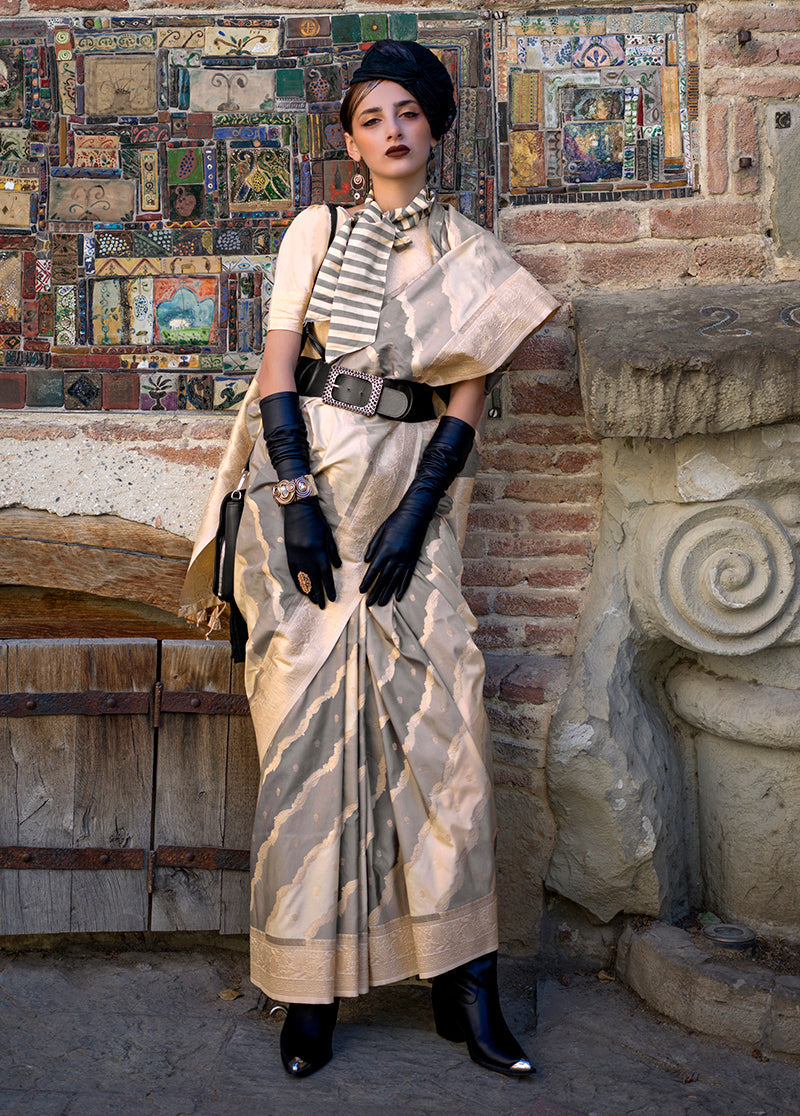 Gray & Beige Katan Silk Saree with Traditional Zari Weaving