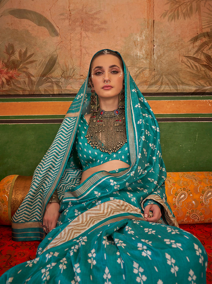 Aqua Blue Mercerized Sigma Silk Printed Saree