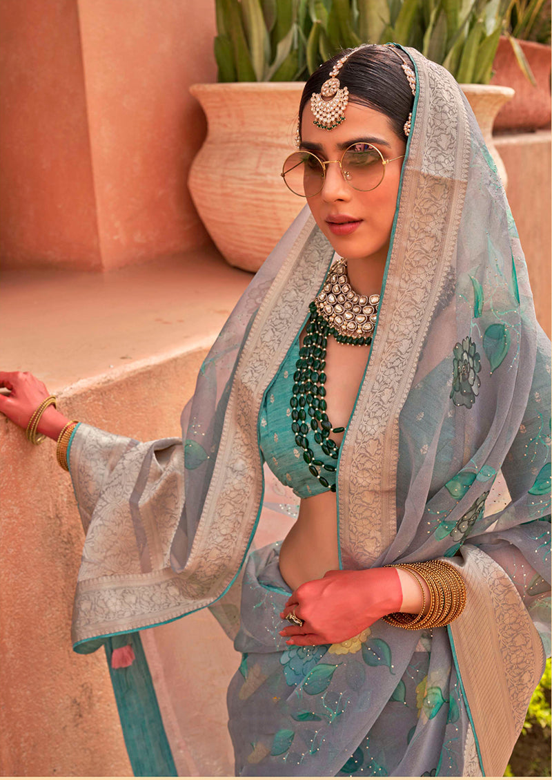 Slate Grey Organza Digital Print Saree