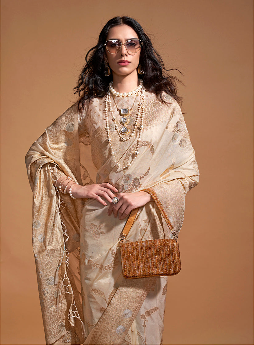 Beige Pure Georgette Saree in Classic Zari Weave