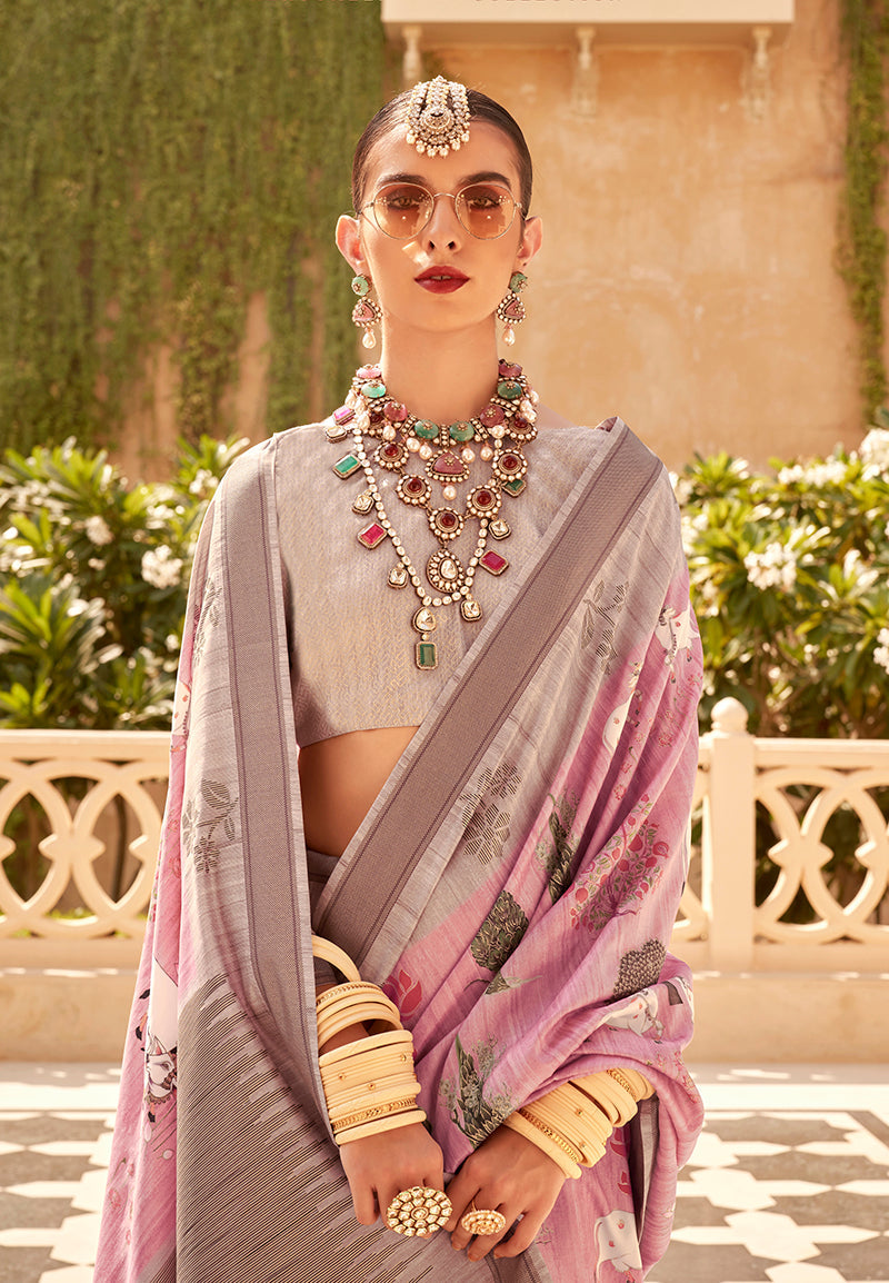 Pink Raw Silk Printed Saree