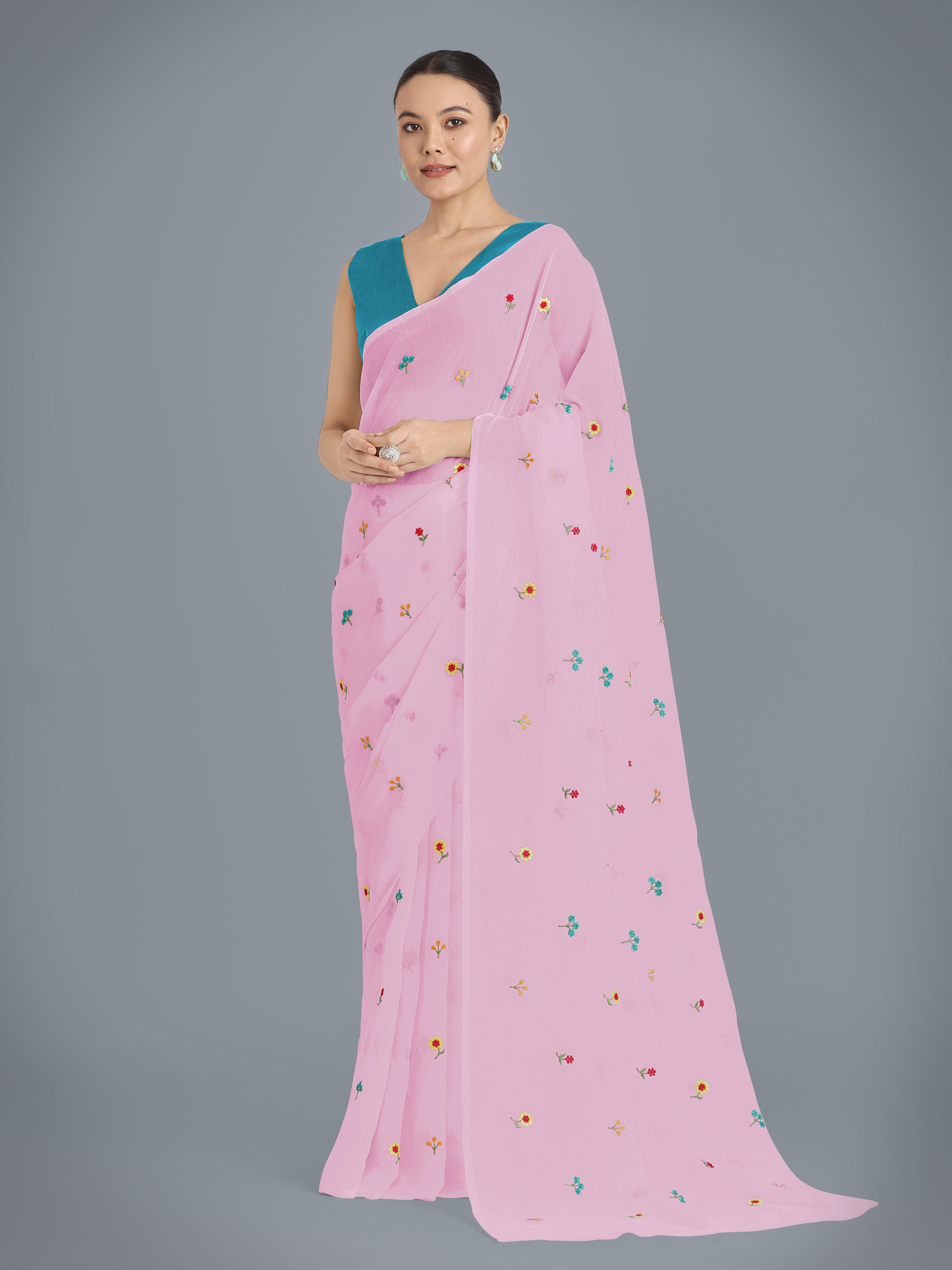 Baby Pink Georgette Embroidered Work Causal Saree