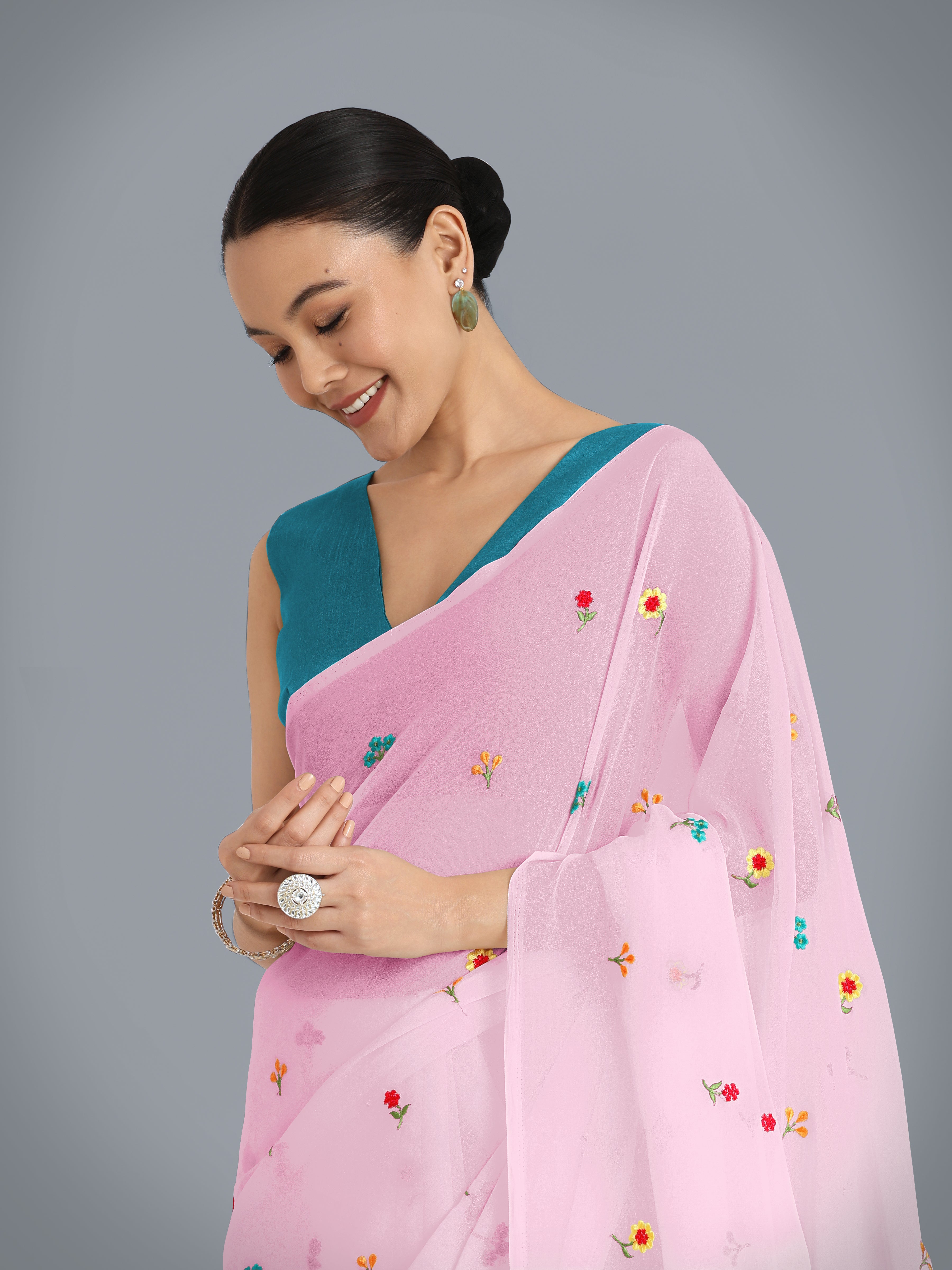 Baby Pink Georgette Embroidered Work Causal Saree