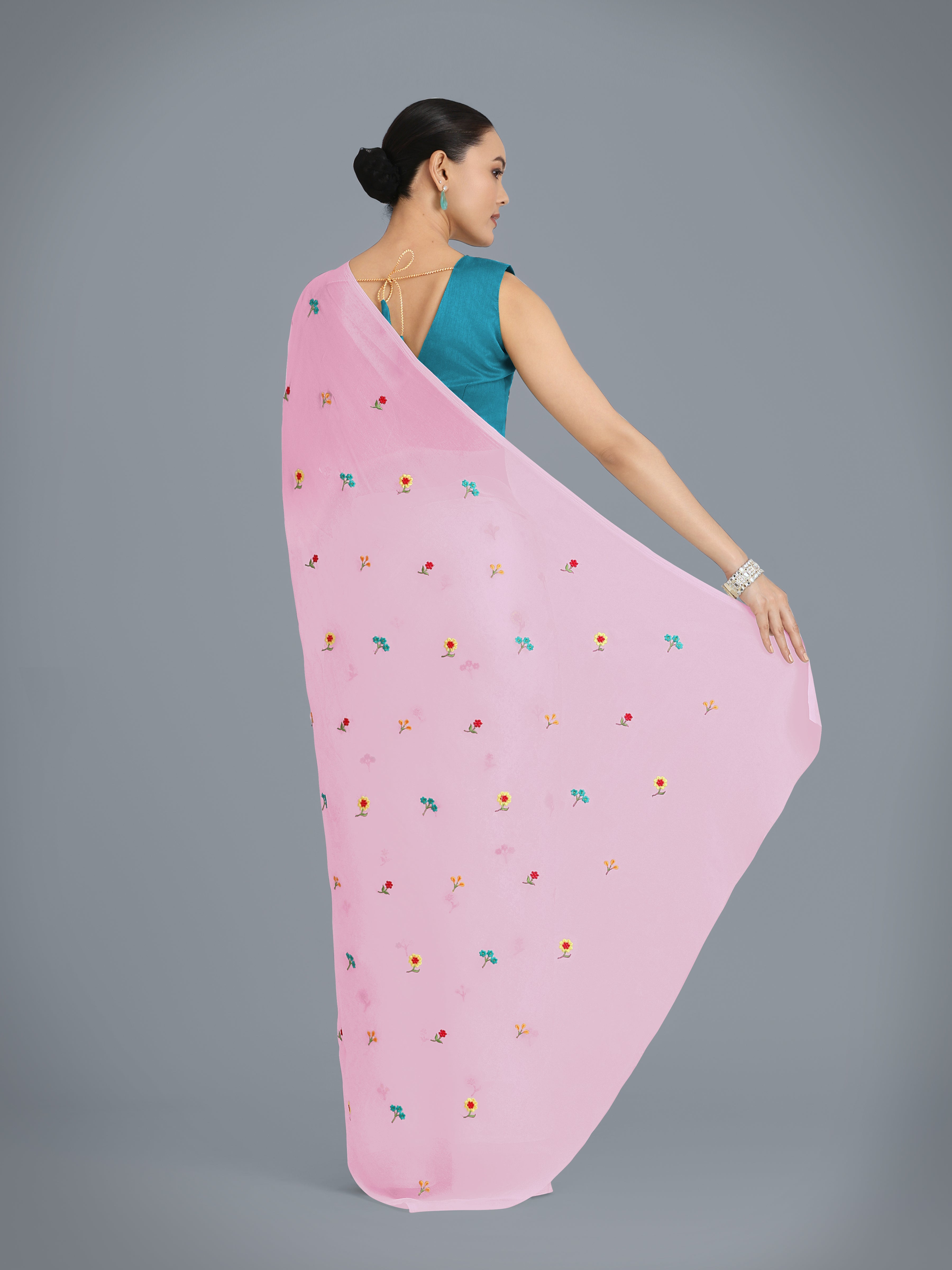 Baby Pink Georgette Embroidered Work Causal Saree