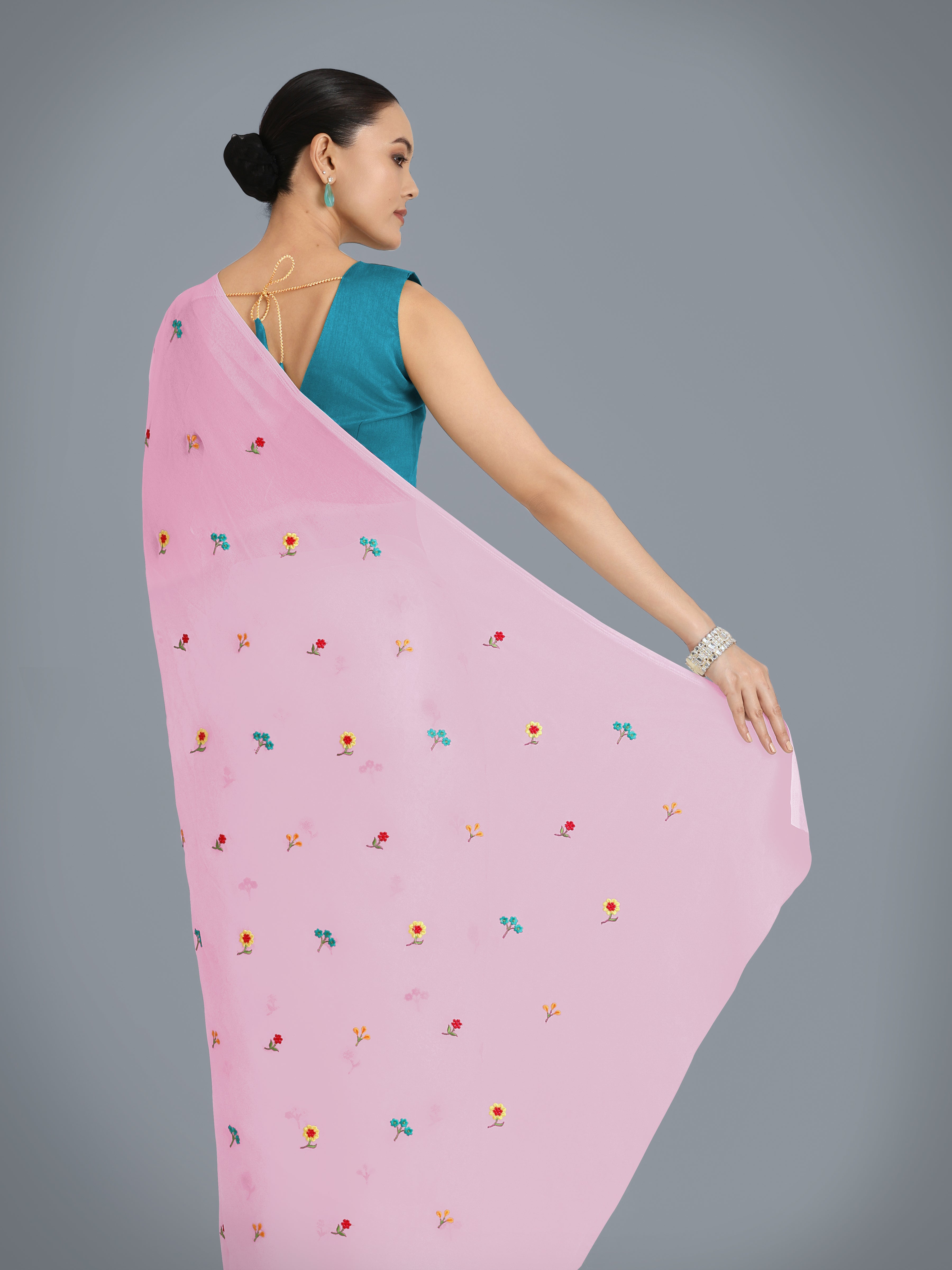 Baby Pink Georgette Embroidered Work Causal Saree