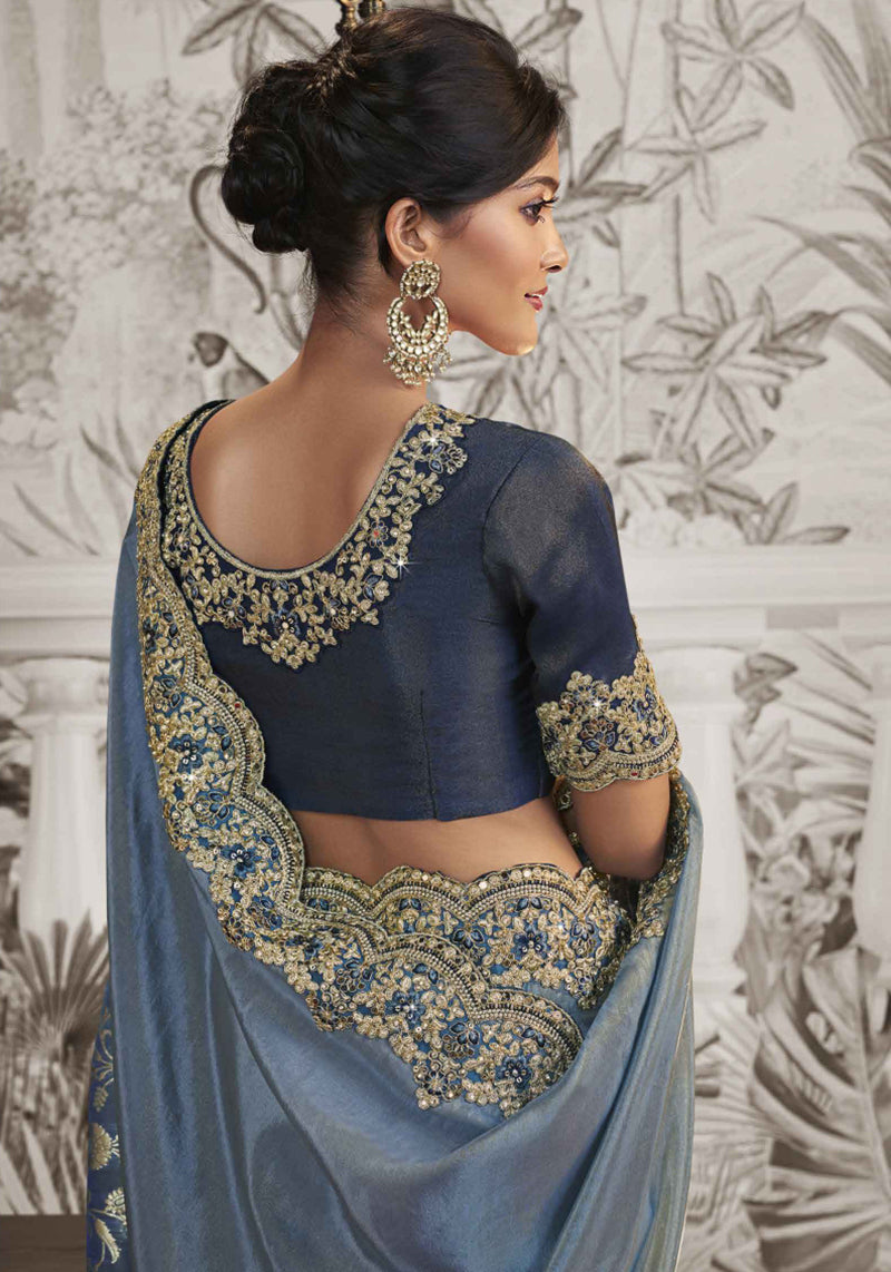 Light Blue And Navy Blue Dola Viscose Silk Embroidered Sequins Work Saree
