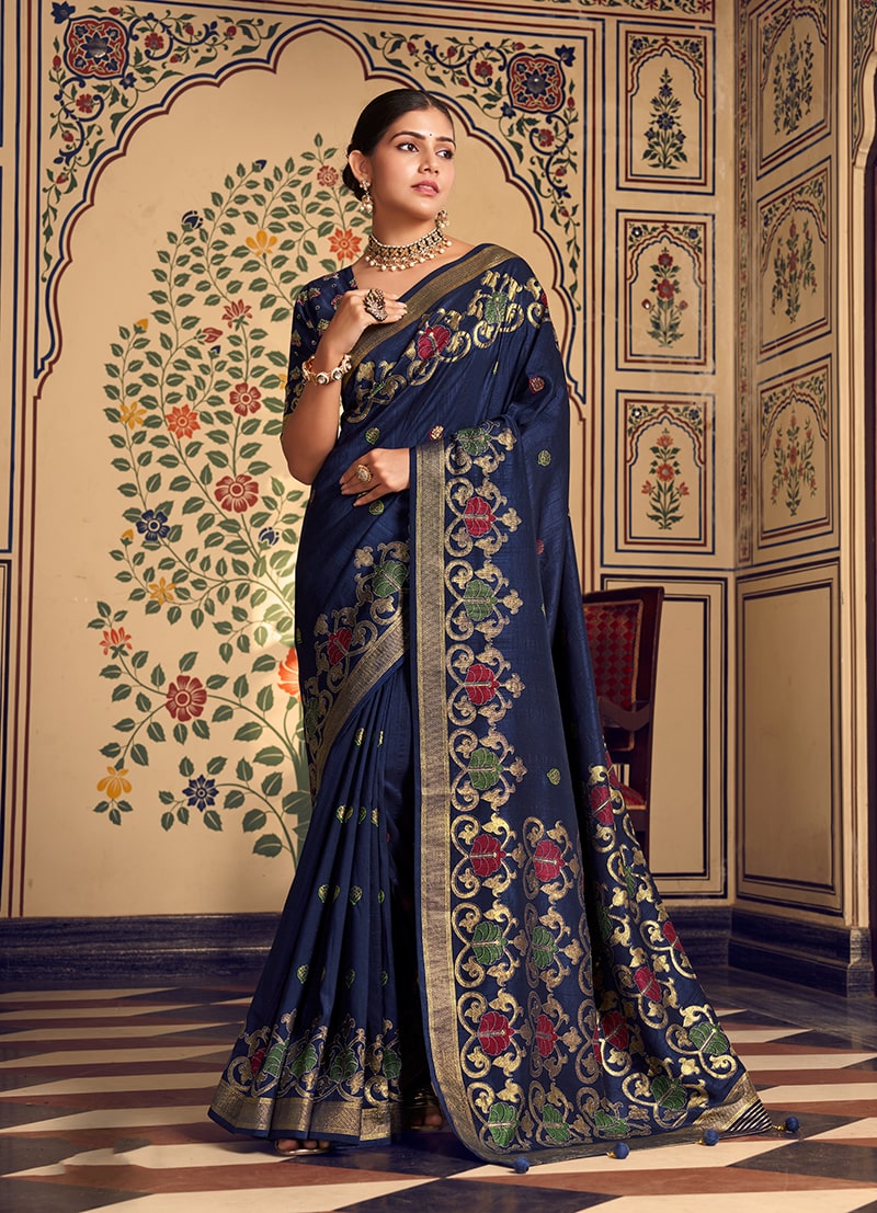 Banarasi Traditional Design Zari Work Saree In Navy blue
