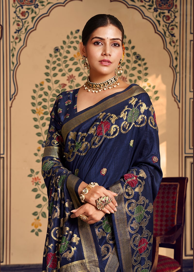 Banarasi Traditional Design Zari Work Saree In Navy blue