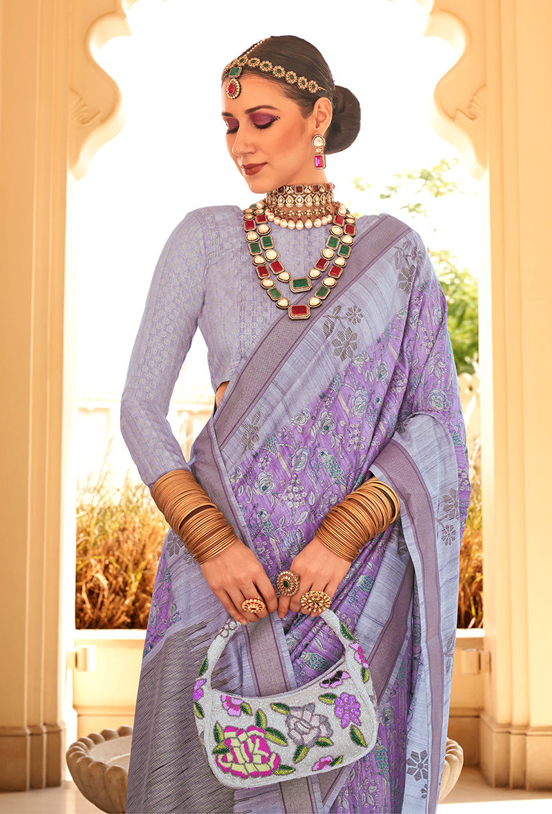 Lavender Raw Silk Printed Saree