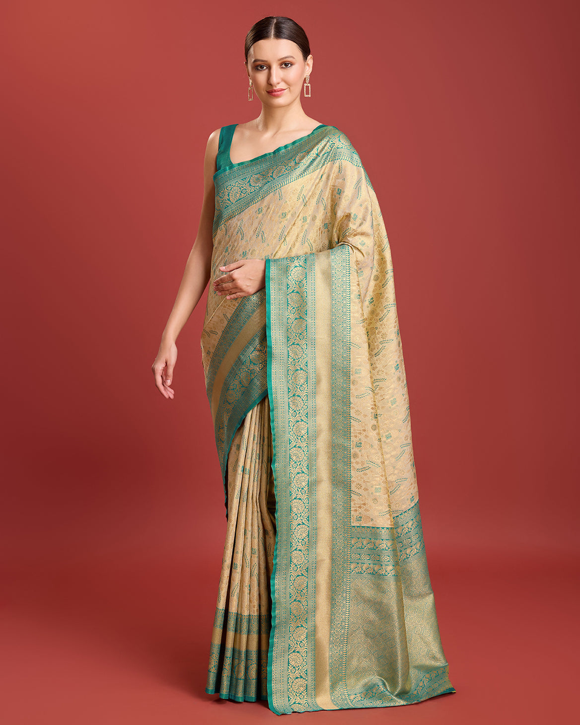 Beige Banarasi Tissue Silk Zari Woven Traditional Saree