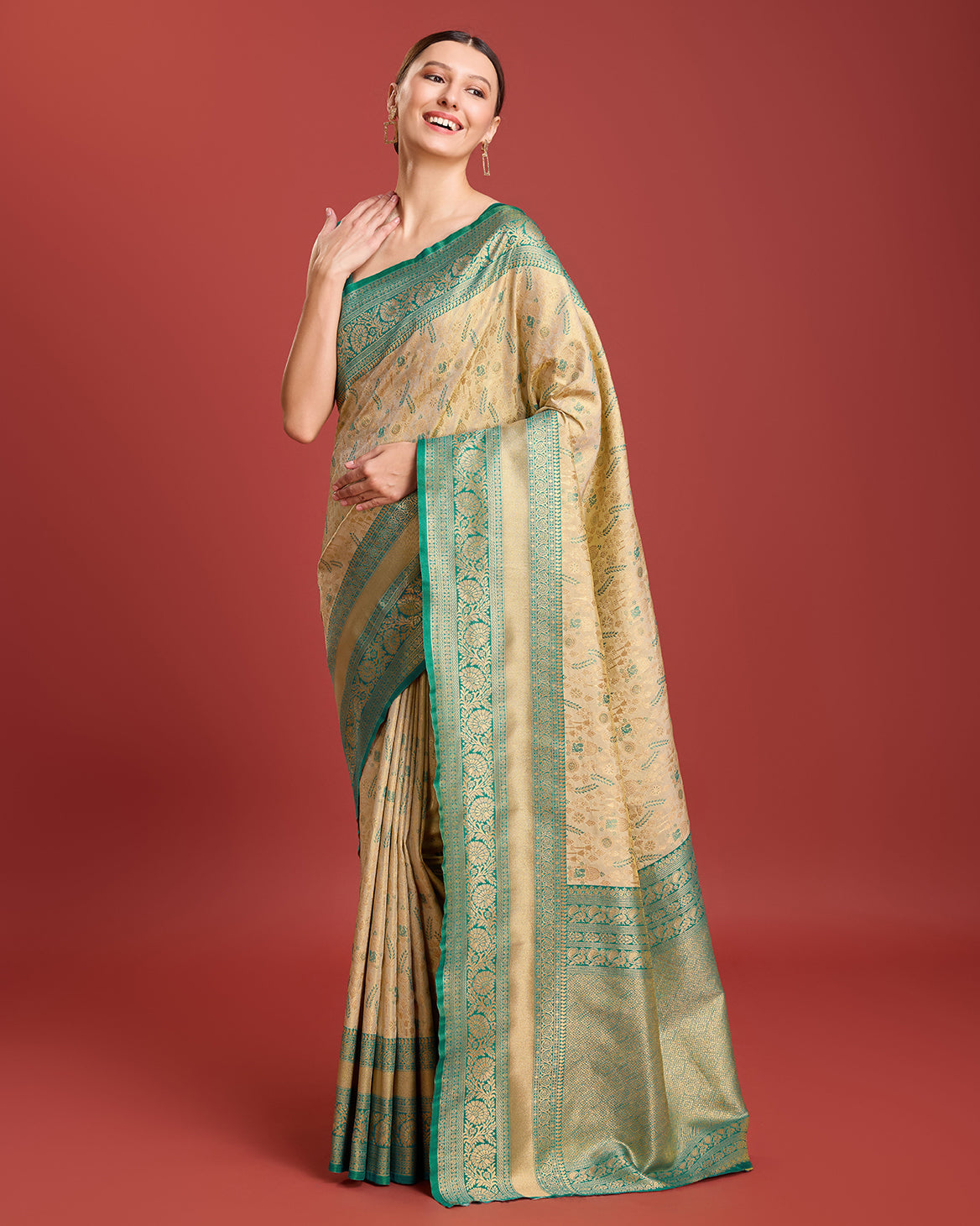 Beige Banarasi Tissue Silk Zari Woven Traditional Saree