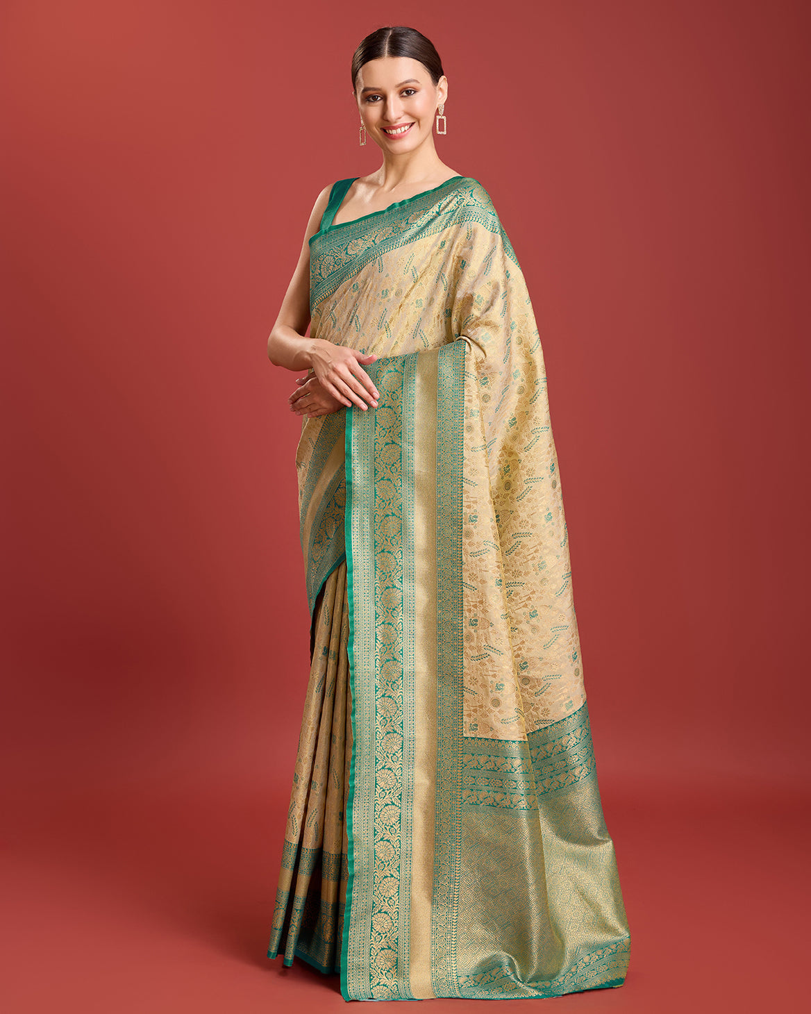 Beige Banarasi Tissue Silk Zari Woven Traditional Saree