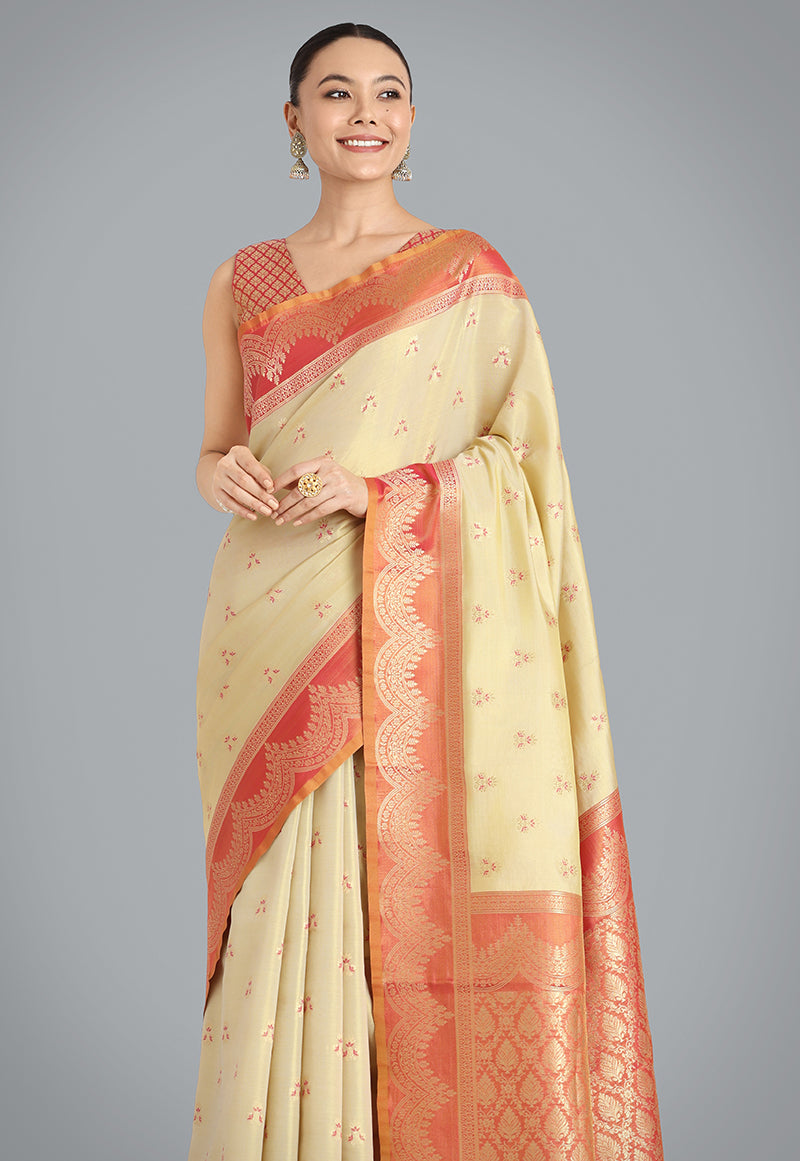 Beige Banarasi Weaving Tissue Silk Indian Wear Saree