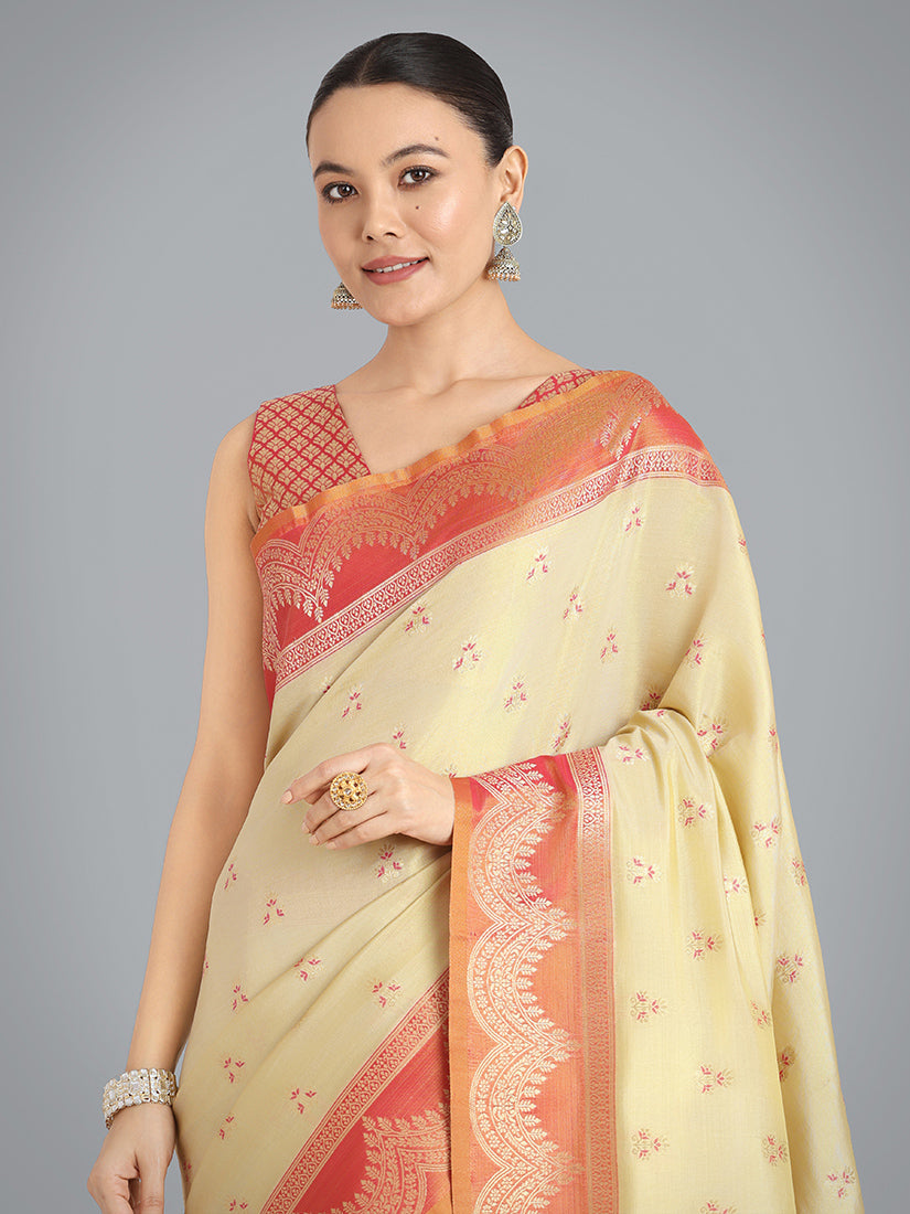 Beige Banarasi Weaving Tissue Silk Indian Wear Saree