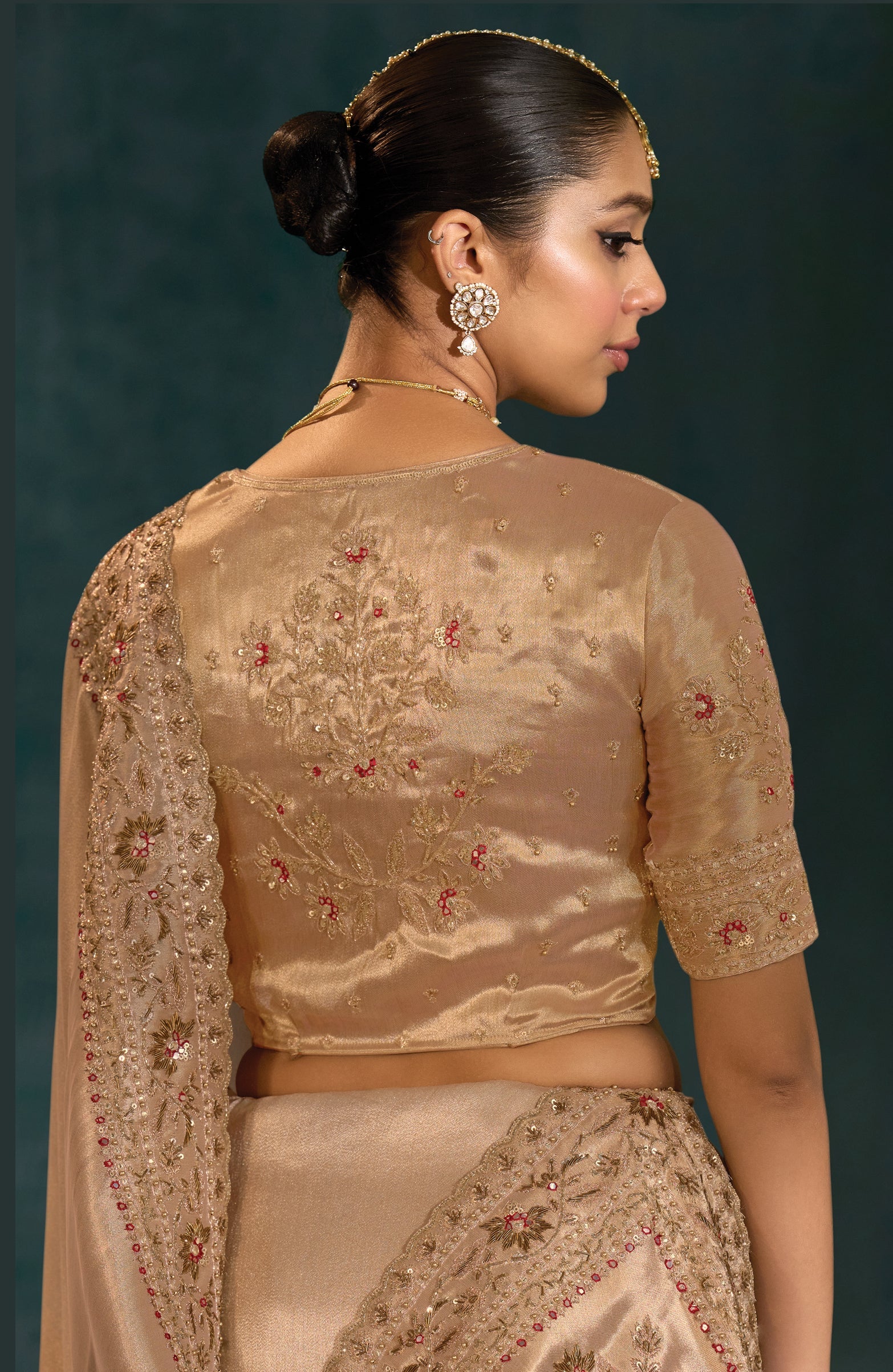 Beige Color Silk Blend Beautifull Border Saree With Cutdana Moti Jardoshi Heavy Work