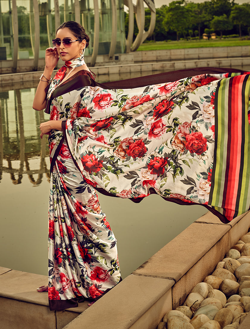 Off-White & Red Digital Print Satin Silk Cocktail Saree